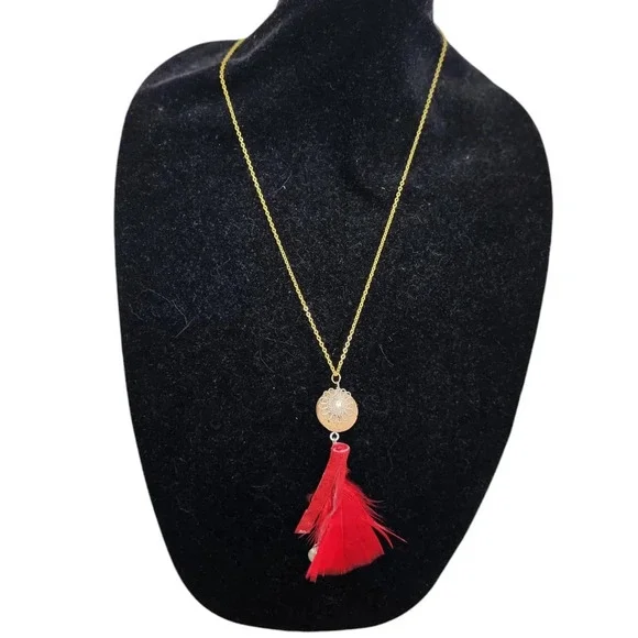 Handcrafted Wire Flower Heart Cork Red Suede Fringe Feather Necklace - Picture 4 of 4